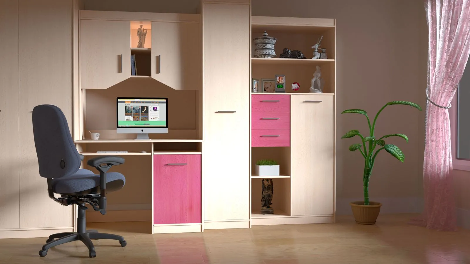 Contemporary home office setup with a computer desk, chair, and stylish shelving.
